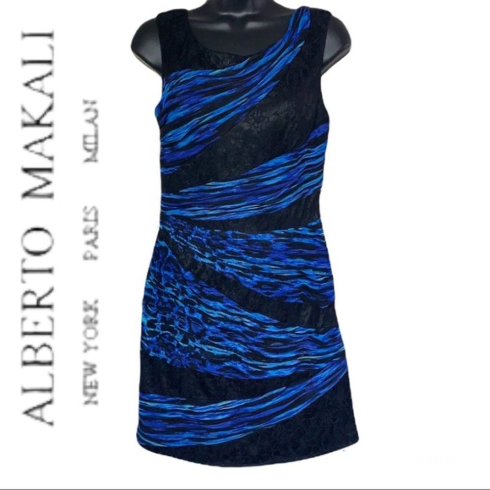 Alberto Makali Black/Blue Ruched Mesh Evening Cocktail Mini Dress Size 8